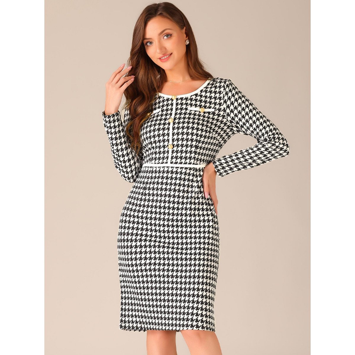 Женские платья INSPIRE CHIC Women's Houndstooth Plaid Round Neck Long Sleeve Bodycon Sheath Dress X-Small Black — фото 4