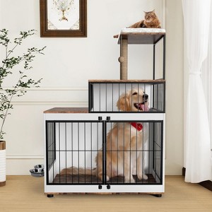 GustoWave Multi-Functional Dog Crate Furniture - Cat Scratching Post, Platform, Rotating Food Bowl, 2 in 1 Wood & Metal Pet Kennel Cage - 1 of 4
