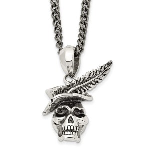 Black Bow Jewelry Stainless Steel Antiqued 3D Feather Hat Skull Necklace, 22 Inch - 1 of 4