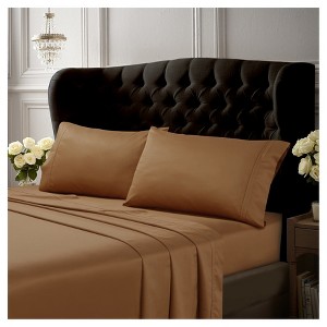 Egyptian Cotton Sateen Deep Pocket Solid Sheet Set (Queen) 4pc Cafe 500 Thread Count - Tribeca Living
