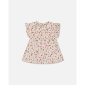 Deux par Deux Girl Printed Seersucker Blouse with Frills Pink Flowers on Cream Background - 1 of 4