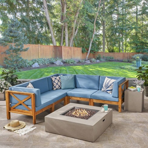 Brava 7pc Acacia Sectional Sofa Set, Patio Sectional Sofa With Fire Pit