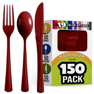 Exquisite Solid Color Plastic Utensil Cutlery Set Forks Spoons Knives- 150 Pack - 1 of 4