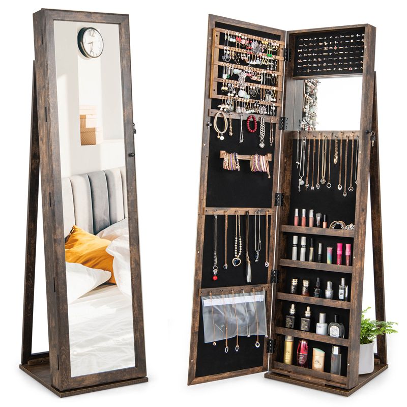 Tangkula Lockable Jewelry Cabinet Large Capacity Makeup Organizer with Full-Length Mirror Built-in Makeup Mirror 5 Storage Shelves, 1 of 11