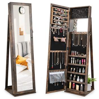 Tangkula Lockable Jewelry Cabinet Large Capacity Makeup Organizer with Full-Length Mirror Built-in Makeup Mirror 5 Storage Shelves