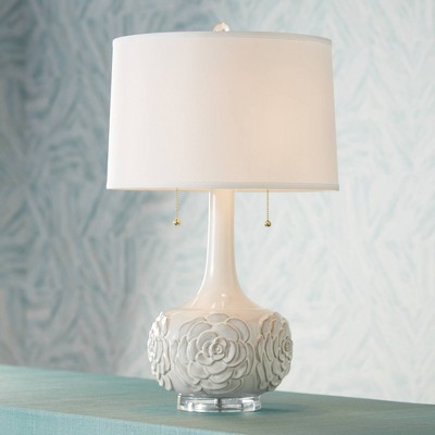 Natalia 27" Tall White Ceramic Floral Table Lamps Set with Fabric Shades