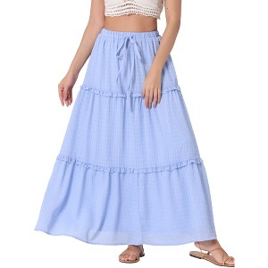 Allegra K Women's High Waist Tiered Belt Ruffle Lattice Texture Casual A Line Maxi Skirt - 1 of 4