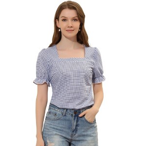 Allegra K Women's Summer Square Neck Plaid Short Sleeve Blouse Tops - 1 of 4