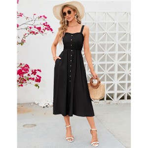Clearlove Women's Casual Summer Midi Dress Spaghetti Strap Button Down Sleeveless A-Line Beach Swing Sundress - 1 of 4
