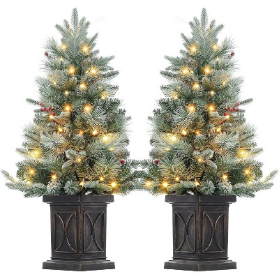 3FT Christmas Tree, Pre-Lit Artificial Christmas Tree with Vintage Potted Base, Flocked Snow 78 Warm White LED Lights Red Berries