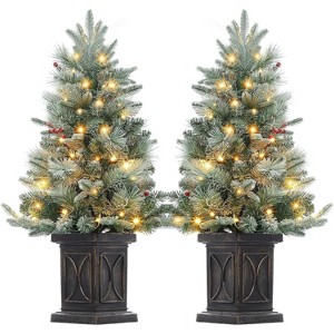 3FT Christmas Tree, Pre-Lit Artificial Christmas Tree with Vintage Potted Base, Flocked Snow 78 Warm White LED Lights Red Berries - 1 of 4