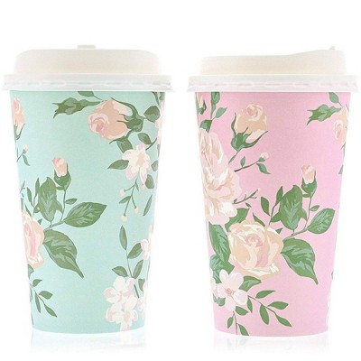 24 Pack Vintage Floral Paper Insulated Coffee Cups with Lids, 4 Designs, 16 Ounces