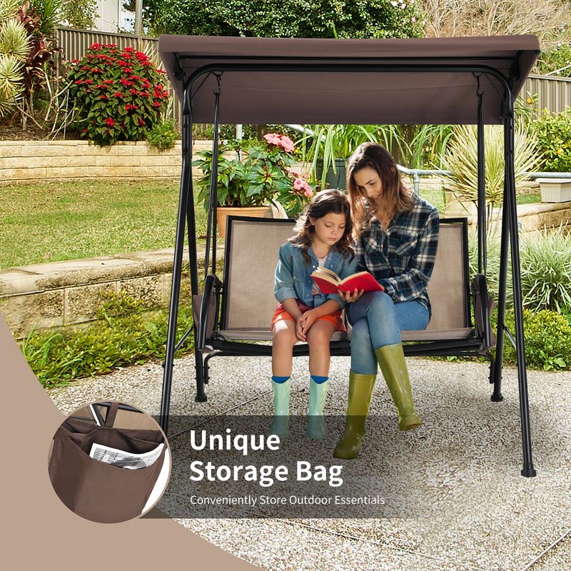 Costway 2 Seat Patio Porch Swing with Adjustable Canopy Storage Pockets  Brown, 4 of 11