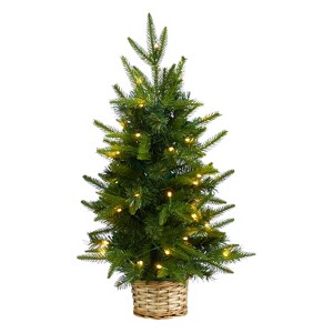 2ft. Artificial Christmas Tree with 35 Clear LED Lights in Decorative Basket – Petite Festive X-Mas Accent for Home Décor - 1 of 4