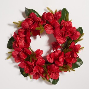 Faux 24" Amaryllis & Magnolia Leaf Wreath - Red/Green - Safavieh - 1 of 3