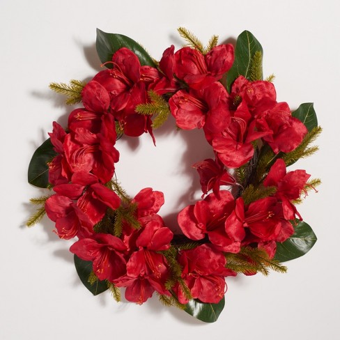 Faux 24" Amaryllis & Magnolia Leaf Wreath - Red/Green - Safavieh - image 1 of 3