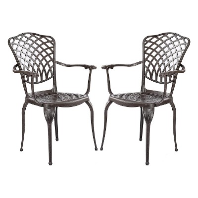 Kinger Home Arden Rustic Lattice Pattern Cast Aluminum Outdoor Patio Dining Chairs w/ Contoured Seat, Oil Rubbed Bronze, Set of 2