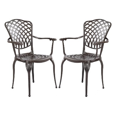 Kinger Home Arden Rustic Lattice Pattern Cast Aluminum Outdoor Patio Dining Chairs w/ Contoured Seat, Oil Rubbed Bronze, Set of 2