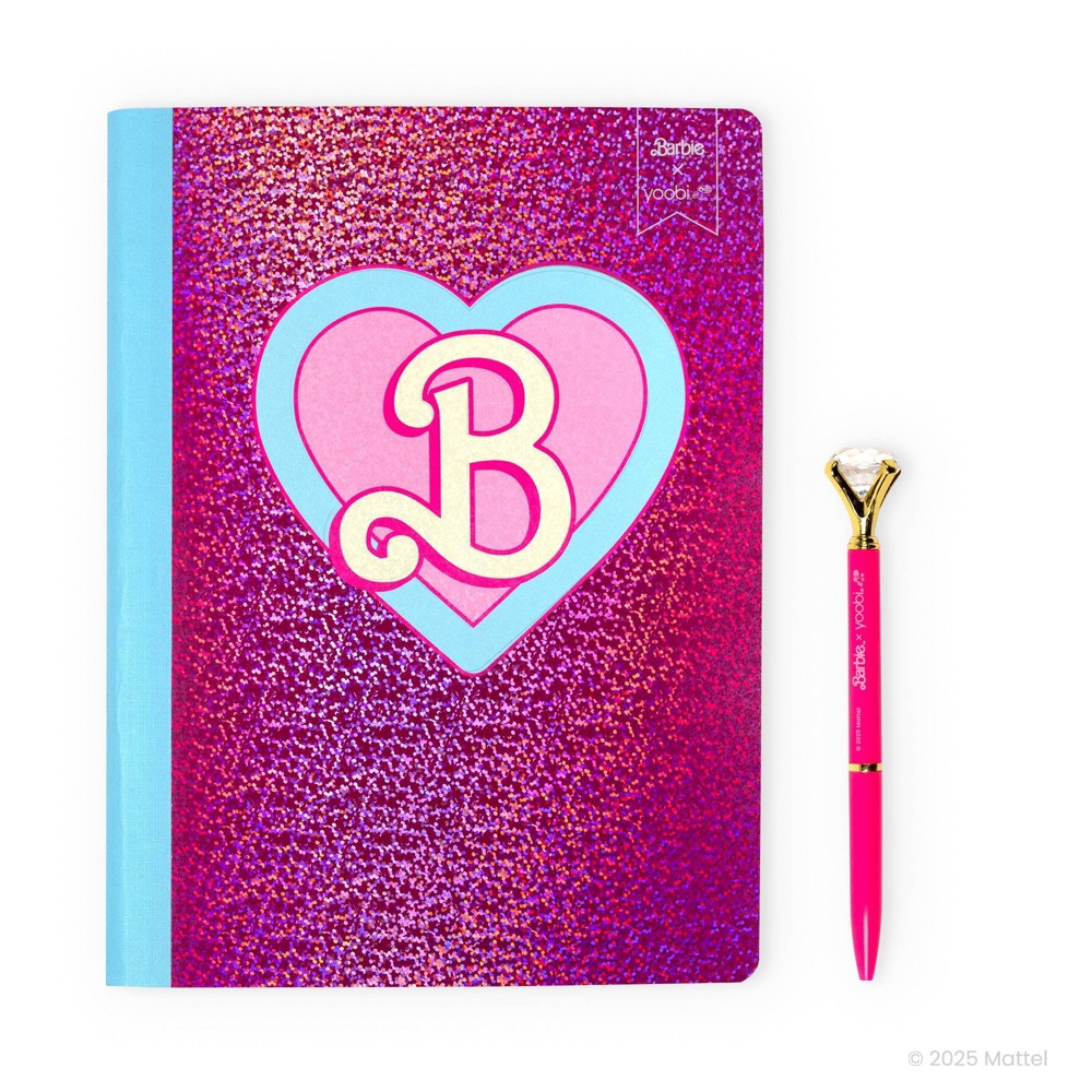 Yoobi Composition Book 7.5"x9.75" Wide Ruled with Pen Barbie Logo, School Supplies