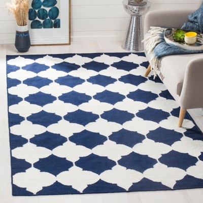Navy/Ivory Geometric Round Flat Woven Wool Rug, 5' x 8'