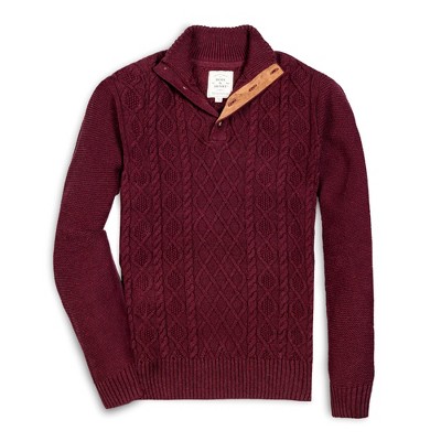 Hope & Henry Men's  Mock Neck Cable Button Sweater with Flecks
