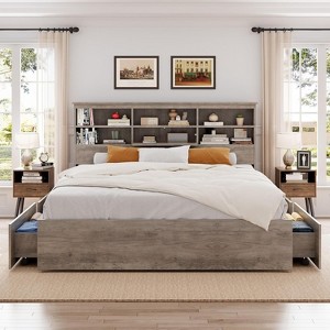 Coucheta King Bed Frame with Storage Headboard, Wooden Bed Frame with 4 Drawers, Storage Bookcase & King Size Platform Bed with Strong Metal Support - 1 of 4