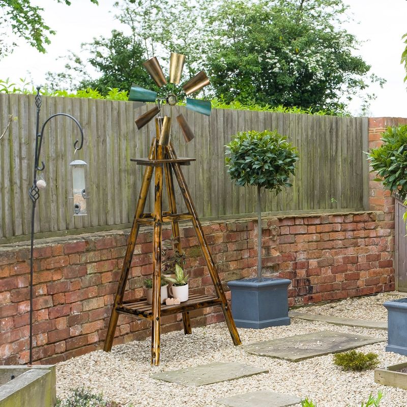 Outsunny Freestanding Windmill Weathervane with Bottom Shelf, Weather Vane with Windmill Head, Stained Wood, 3 of 7
