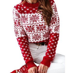 Womens Long Sleeve Pullover Sweater Kint Shirt Fall Casual Christmas Snow Jacquard Crew Neck Top - 1 of 4
