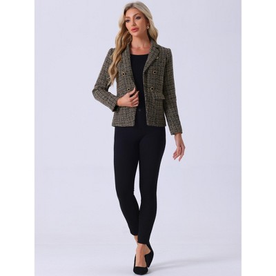 INSPIRE CHIC Women's Elegant Long Sleeve Open Front Buttons Decor Plaid Tweed Blazer Khaki Black Large — фото 3