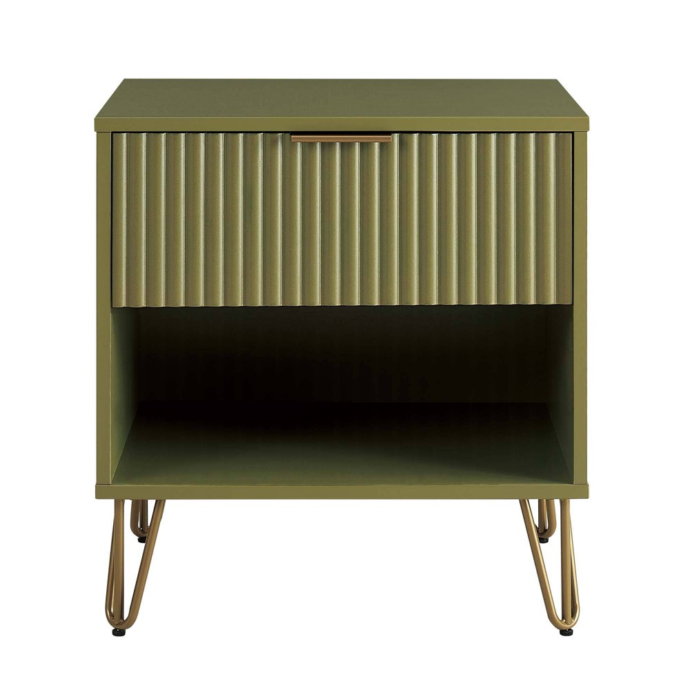 Manhattan Comfort Dumbo Nightstand with Drawer Olive Green: Modern MDF Bedside Table, Metal Glides, Storage Shelf