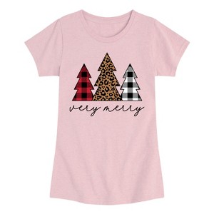 Girls' - Instant Message - Very Merry Plaid Leopard Trees Fitted Short Sleeve Graphic T-Shirt - 1 of 4