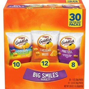 Goldfish Crackers Big Smiles Variety Pack with Cheddar, Colors and Pretzels Snack Packs - 29oz/30ct - 1 of 4