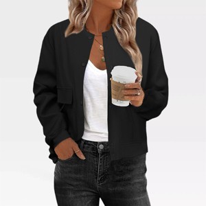 Women Fashion Cropped Bomber Jacket Casual Button Down Varsity Jackets Shackets With Pockets Trendy Outwear Winter Warm Coats - 1 of 4