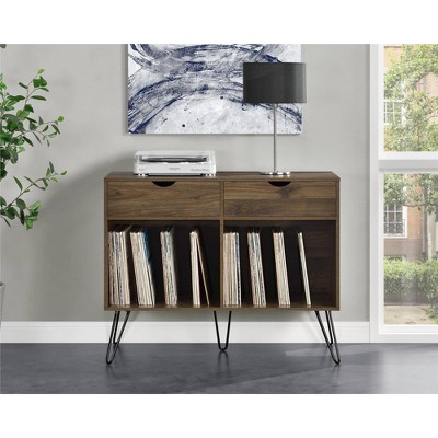 Mid-Century Walnut Turntable Stand with Hairpin Legs and Storage