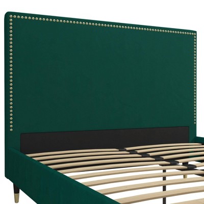 Emerald Green Velvet Queen Bed with Gold Nailhead Trim & Black Legs