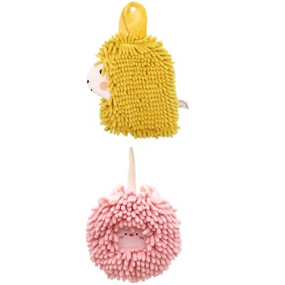REGALWOVEN Absorbent Soft Chenille Cartoon Alpaca Fuzzy Ball Bathroom Hanging Hand Towels 7" x 7"/7" x 11" 2 Pcs