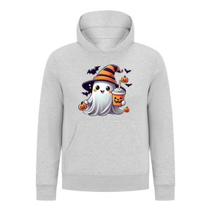 Everyday Kids Halloween Pullover Hoodie – Cute Ghost with Witch Hat and Pumpkin Drink – Cozy Fall Sweatshirt for Girls, Heather Gray - 1 of 3