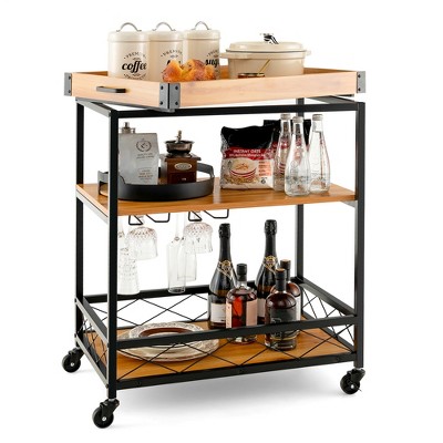 Costway 3-tier Wine Bar Cart Rolling Rack Serving Trolley Detachable ...