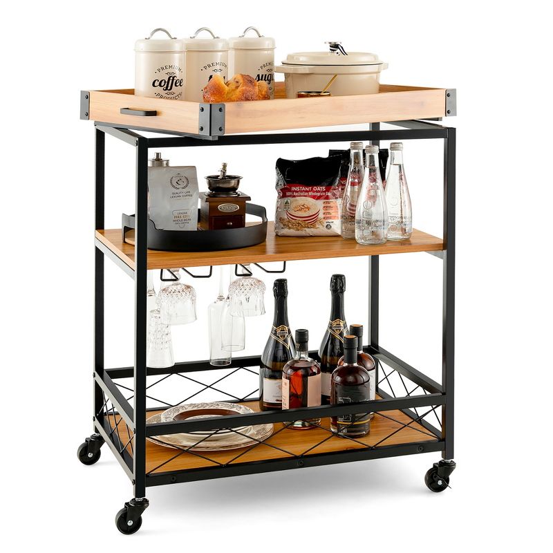 Costway 3-Tier Wine Bar Cart Rolling Rack Serving Trolley Detachable Top & Glass Holder, 1 of 11