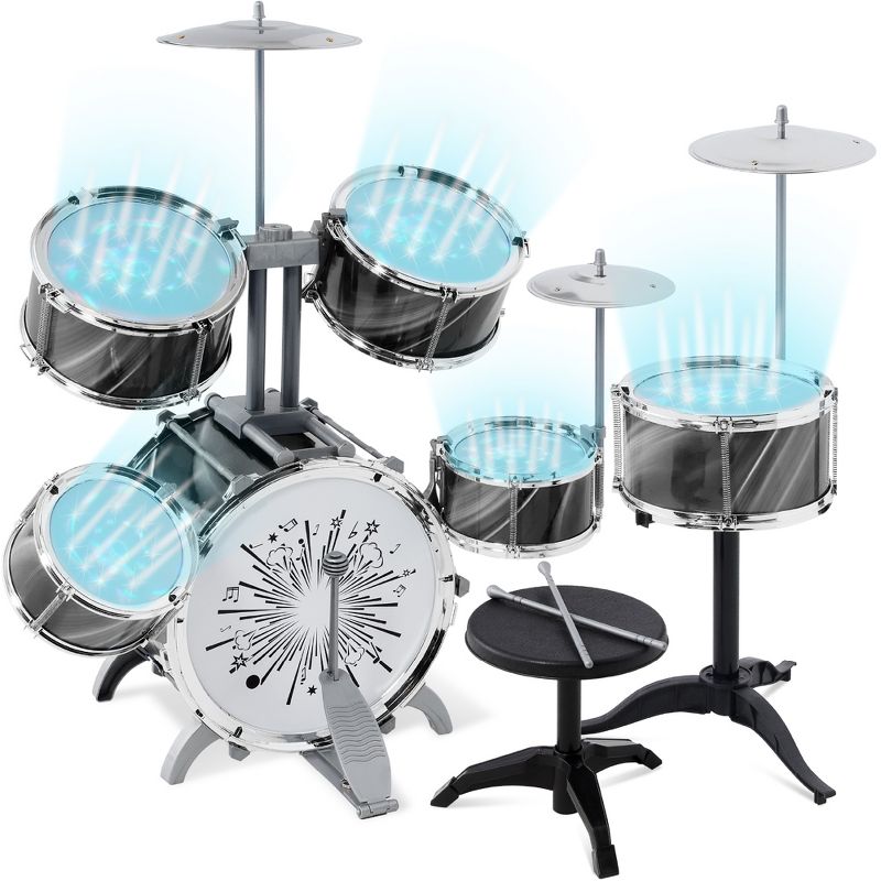Best Choice Products 18-Piece Kids Beginner Drum Kit, Musical Instrument Toy Drum Set w/ LED Lights, Drumsticks, 1 of 8