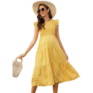 Maternity Short Sleeve Smocked Summer Dress Crew Neck Casual Midi Dress Baby Shower Photoshoot - 1 of 4