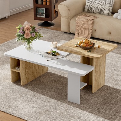 JUJABU Farmhouse Style Set of 2 Rectangular Nesting Coffee Tables with Wood Finish, for Living Room