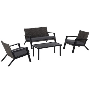 4 Piece Patio Furniture Set, 2 PE Wicker Chairs, Loveseat Sofa, Outdoor Coffee Table, Soft Cushions, Couch & Armchairs for Backyard, Garden - 1 of 4