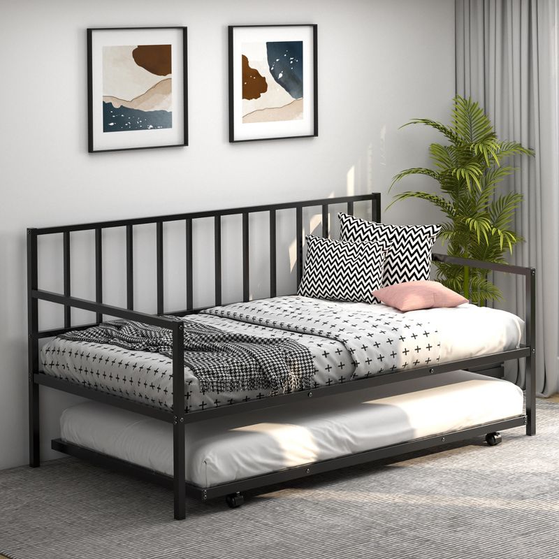 Costway Twin Metal Daybed with Roll Out Trundle Heavy Duty Frame Sofa Bed Set Black, 3 of 11