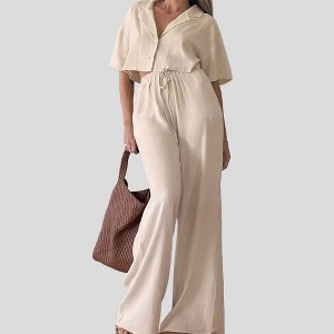 Women Set with Button-Down Top & Elastic Waist – Short Sleeve, Wide Leg, Polyester-Cotton Blend Cherie Code - 1 of 4