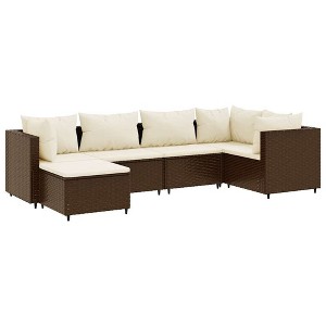 vidaXL Patio Lounge Set with Cushions Sectional Sofa Garden Backyard Poly Rattan - Brown and cream 3x corner + 2x middle + footrest - 1 of 4