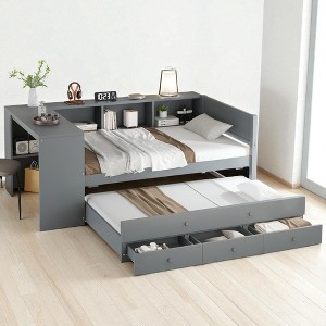 Twin Size Wood Daybed with Trundle, Storage Drawers, Shelves and Desk, Daybed Frame for Bedroom or Guest Room,kids bed - 1 of 4