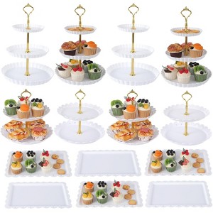 14-Piece Dessert Stand Set-White 4-Tiered Cake Stands(3-Tier&2-Tier)+6 Rectangle Appetizer Trays for Party/Wedding(Thick Plastic Serving Platters) - 1 of 4