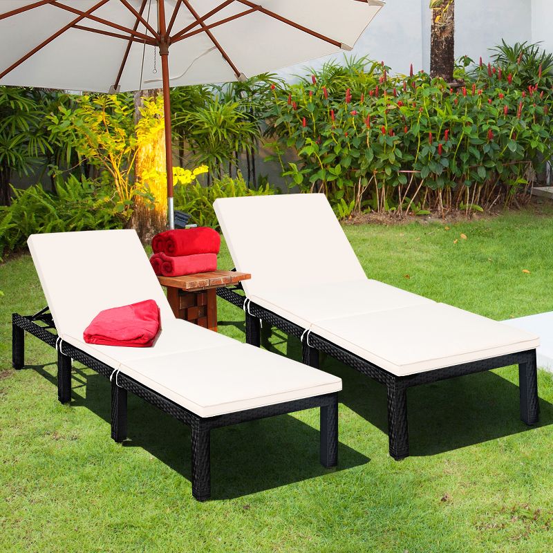 Costway 2PCS Patio Garden Rattan Lounge Chair Chaise Couch Cushioned Height Adjustable White, 3 of 11