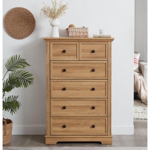 ORRD 6 Drawer Dresser Oak Finish - Tall Chest of Drawers for Bedroom Storage, Farmhouse Modern Closet Organizer - 1 of 4